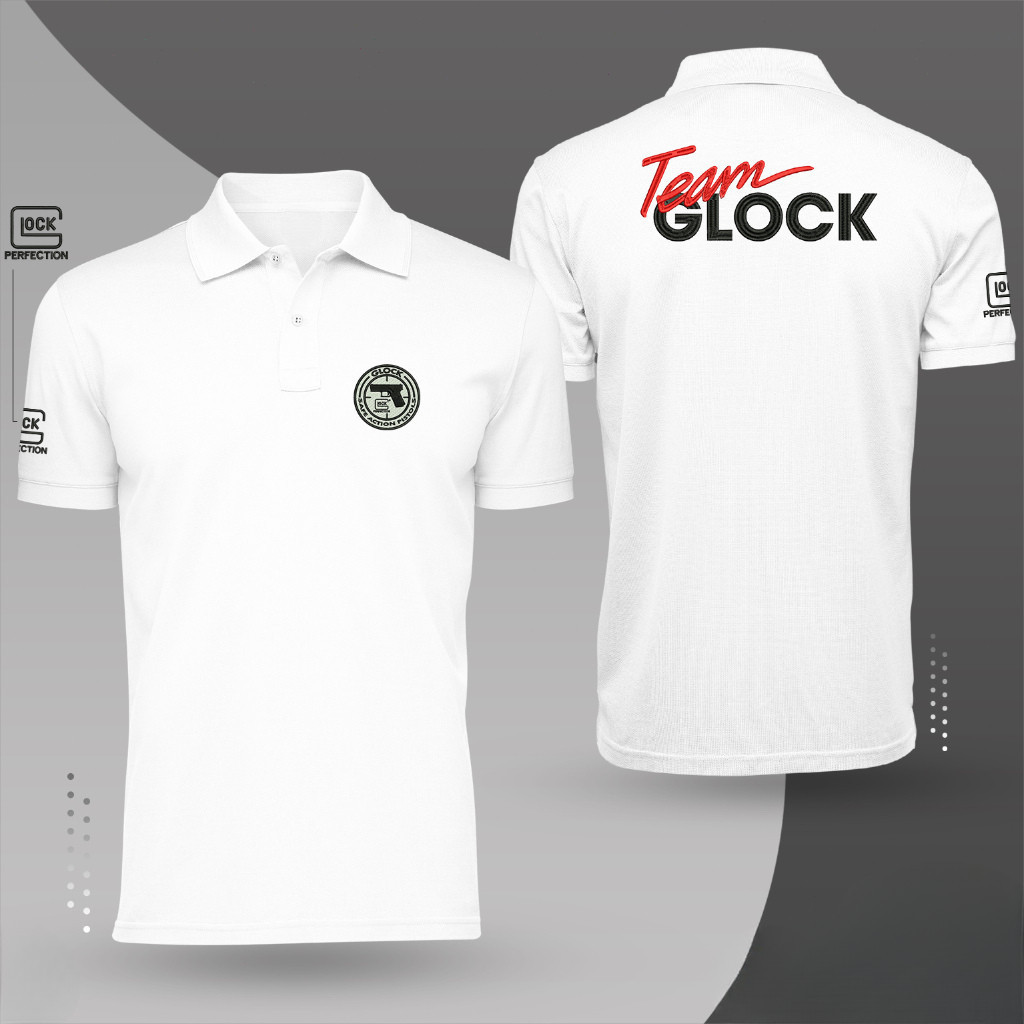 เสื้อโปโลสีขาวลาย Team Glock หน้าอกโลโก้หลังตัวอักษร ผ้าฝ้ายนุ่ม เสื้อทำงานผู้ชาย