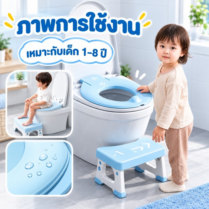 ที่นั่งชักโครกเด็ก พับเก็บได้ ปรับระดับได้ พร้อมจุกดูด กันลื่น ใช้ได้อายุ1ถึง8ปี