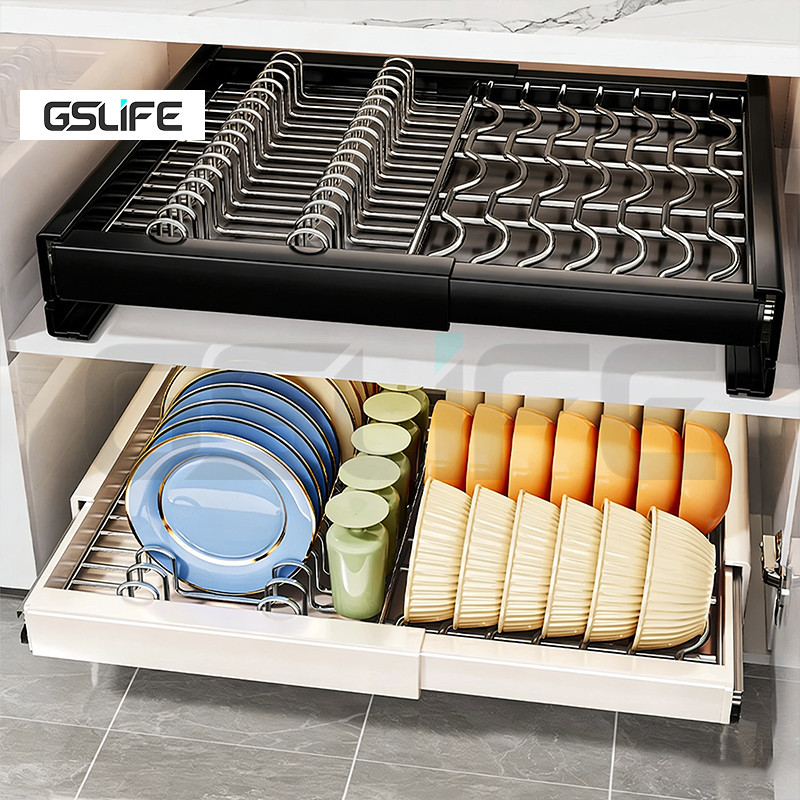GSlife ตู้เก็บจานสแตนเลส ลิ้นชักรางเลื่อนคาร์บอนสตีล! ชั้นวางจานแบบบิวท์อิน รับน้ำหนัก15กก.+ป้องกันส