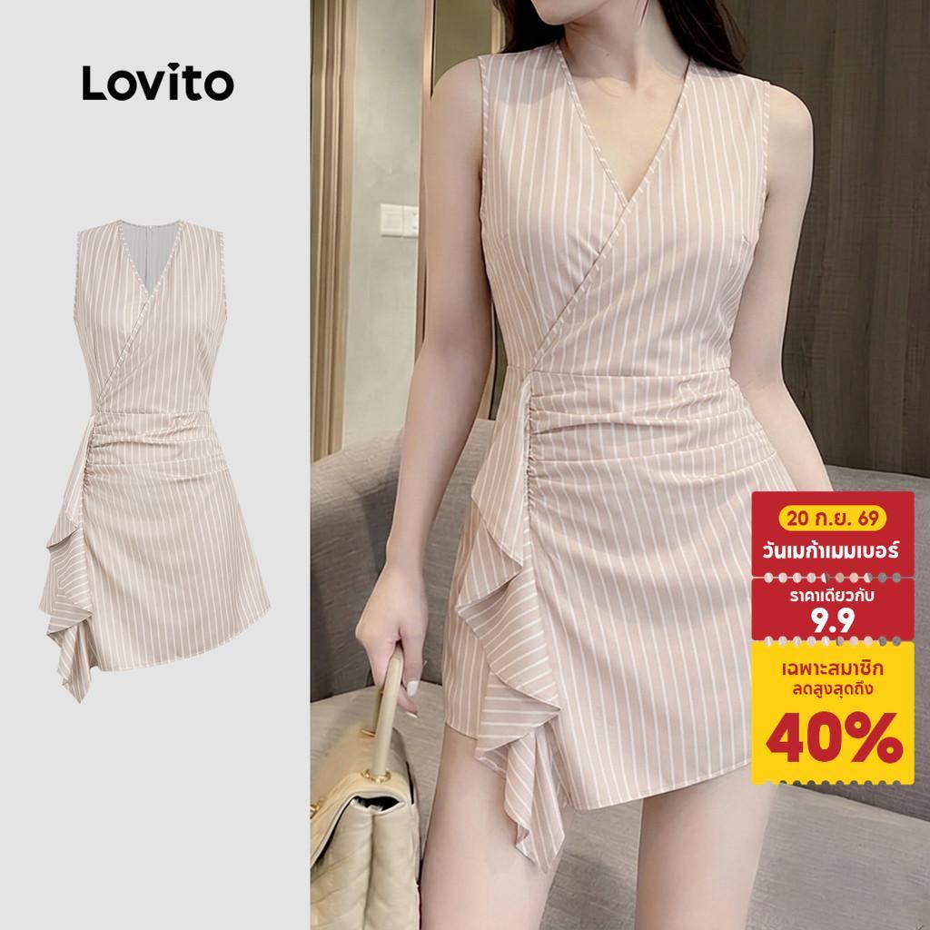 Lovito เดรสผู้หญิงผ้าลินินคอปกทรงหลวมสีคากี สไตล์ฤดูใบไม้ผลิ/ฤดูร้อน พร้อมชายกระโปรงไม่สมมาตรและลวดลายระบาย LK6ED524