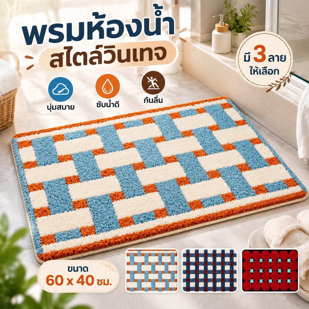 🚚พร้อมส่ง 🏡พรมเช็ดเท้า 40x60 ซม. พรมขนแกะ นุ่มฟู สัมผัสนุ่มสบาย ซับน้ำเร็ว กันลื่น สำหรับห้องน้ำ ห้องนอน