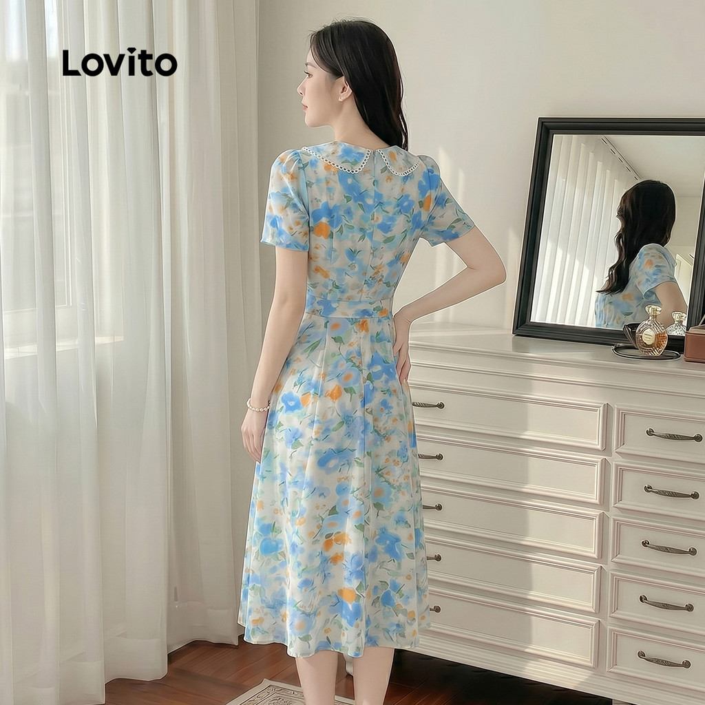 (สง่างาม) Lovito แพทเทิร์นชุดเดรส ลูกไม้ เดรสฤดูร้อน/ฤดูใบไม้ผลิ พร้อมเข็มขัดสําหรับผู้หญิง L177ED253