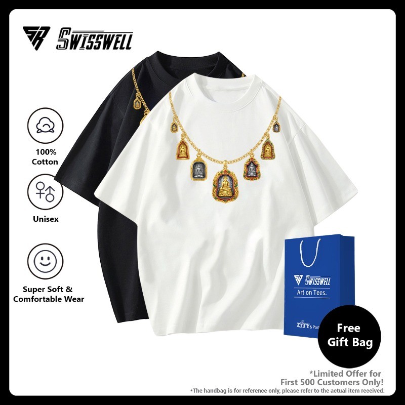 SwissWell 👕 T-Shirt เสื้อยืดผ้าคอตตอน 100% ผู้ชาย Oversize คอกลม Unisex ลาย Buddha amulets สไตล์ฮิปฮอป P2