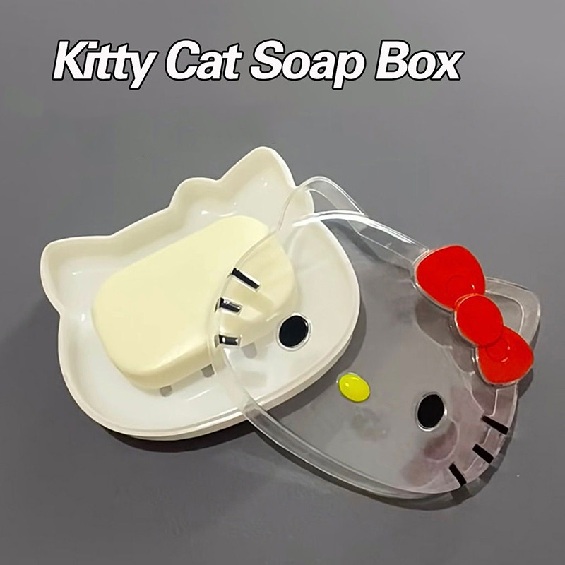 กล่องสบู่คิตตี้น่ารักเคาน์เตอร์สบู่ผู้จัดงานสบู่ระบายน้ํากล่องเก็บอุปกรณ์ห้องน้ํา