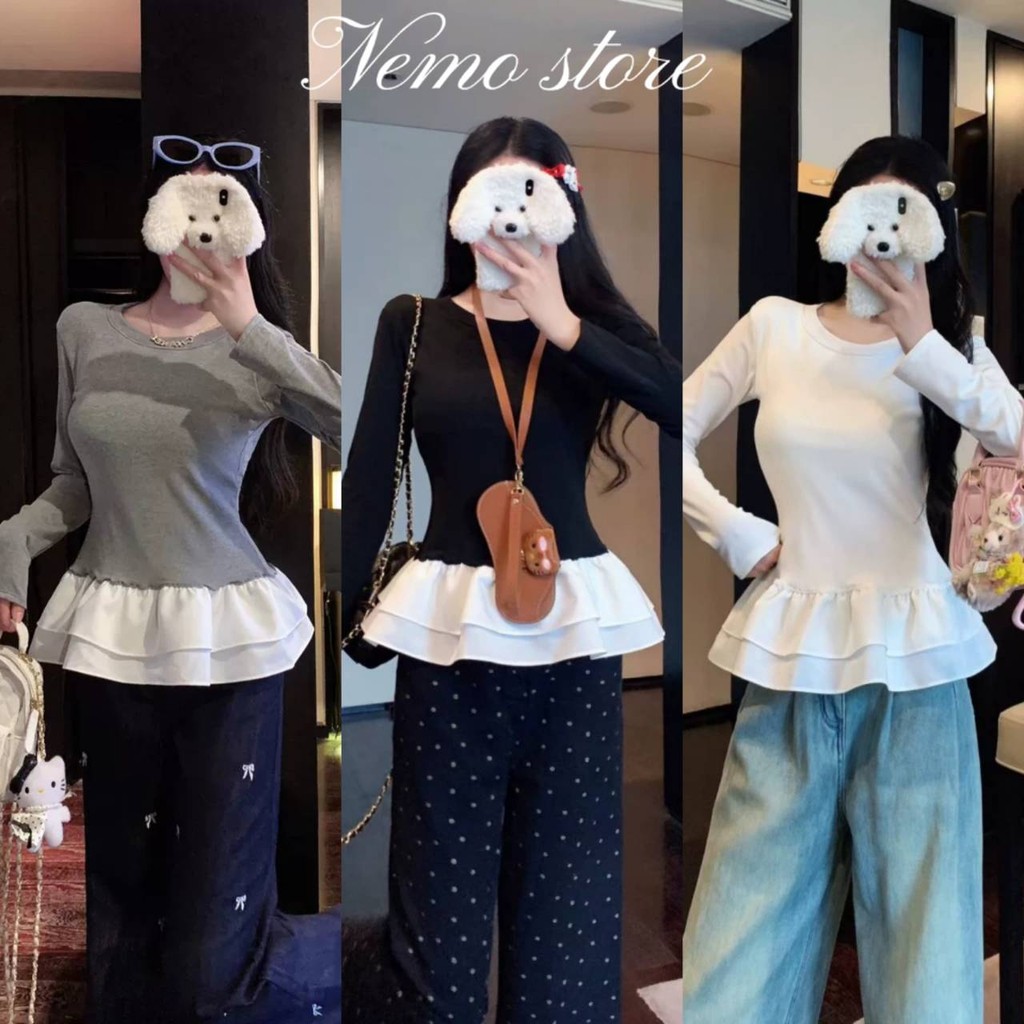 Nemo store🌸#FY5571 เสื้อแขนยาว คอกลม ดีเทลแต่งปลายน่ารัก ยืดตามตัว เสริมฟองน้ำ