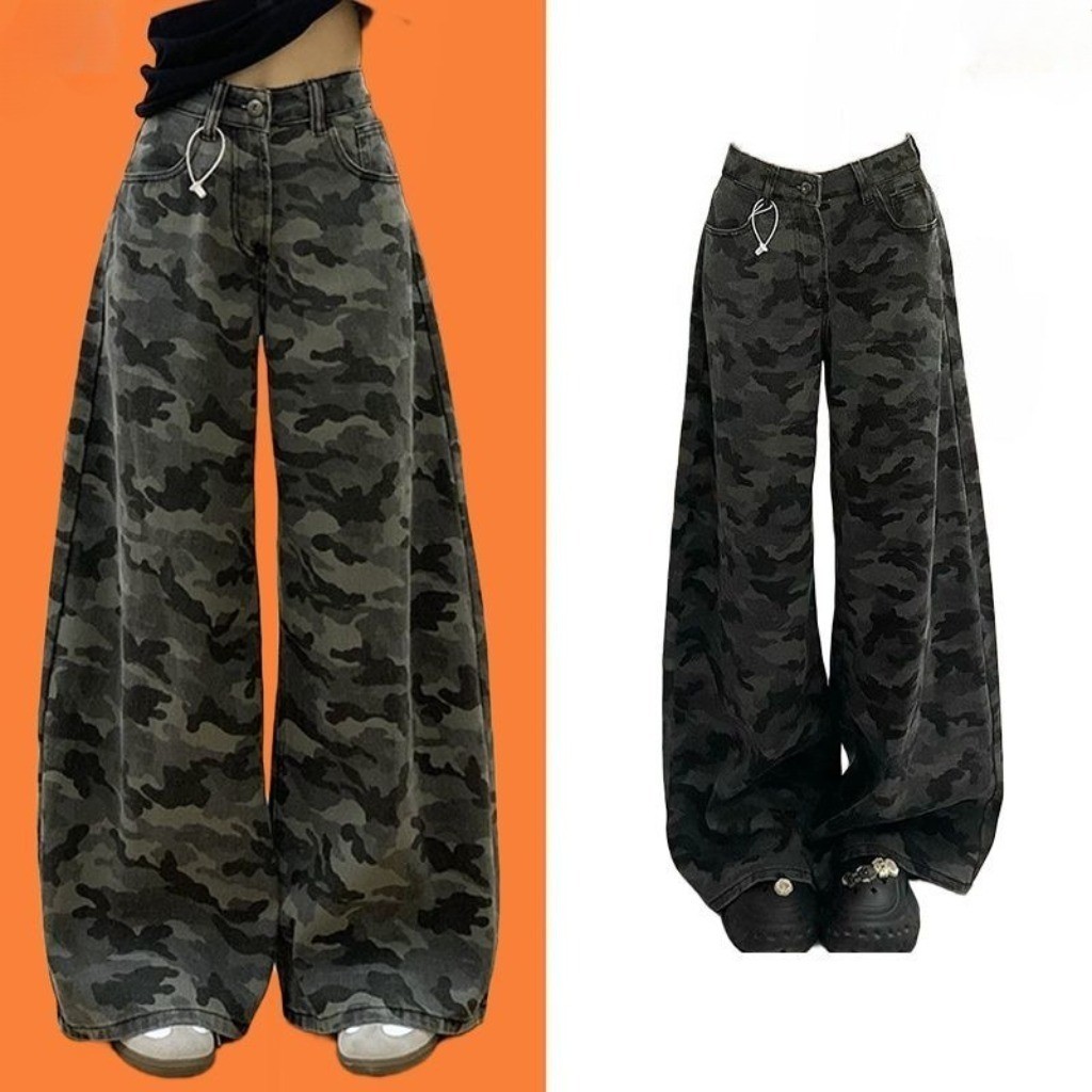 Bekey กางเกงยีนส์ทรงหลวมขากว้างสไตล์อเมริกันลายพรางสำหรับใส่ไปทำงานฤดูใบไม้ผลิแล