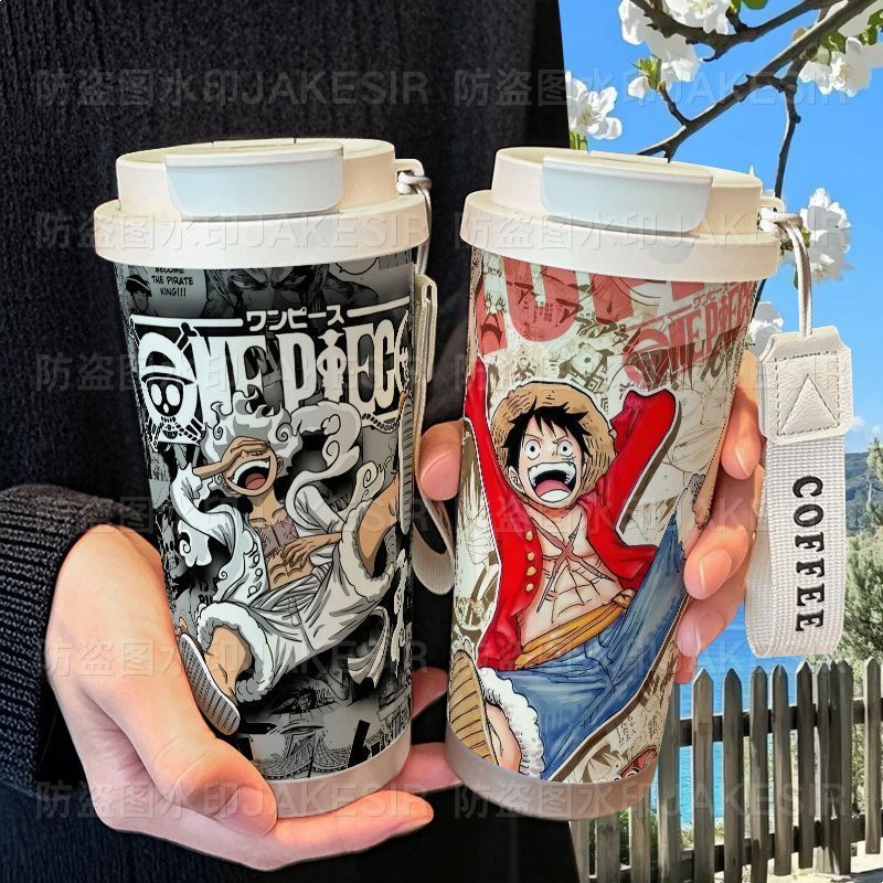 อะนิเมะ One Piece Luffy Thermos ถ้วย 316 สแตนเลสขนาดใหญ่ความจุฟางถ้วยน้ํารถถ้วยกาแฟผู้ชายผู้หญิง