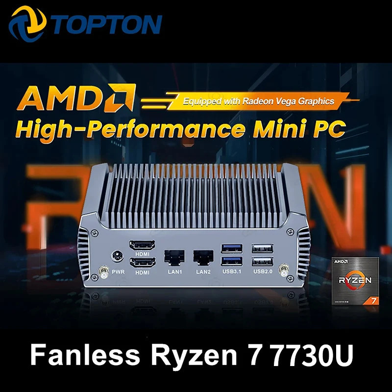 Topton FU02 Fanless Mini PC AMD Ryzen 7730U 8 Core 16 ด้าย Barebone PC 2 LANs เดสก์ท็อปคอมพิวเตอร์สํ
