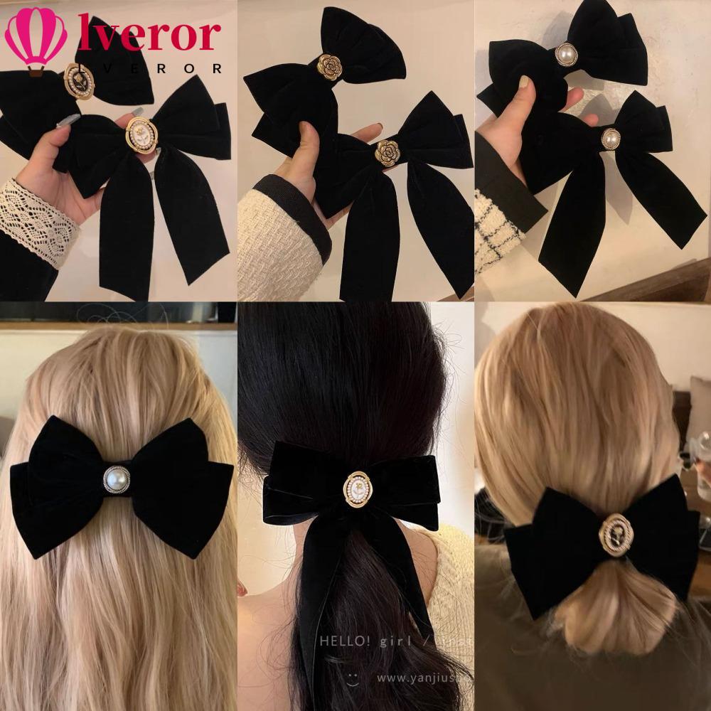 LVEROR Bow Tie Spring Clip, Retro French Bow Hair Clip, French Festival Gift Black Velvet Camellia W