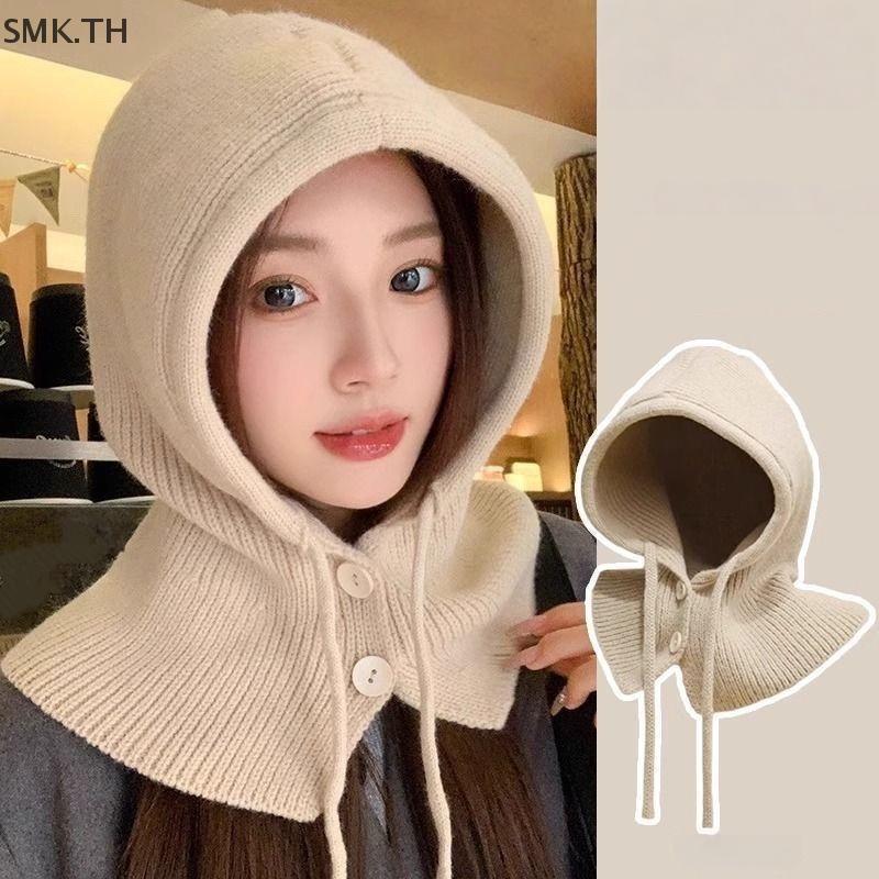 [SMK] ฤดูหนาว Warm Balaclava หมวก Drawstring สําหรับผู้หญิงผู้ชายถักหมวกหมวกกลางแจ้งผ้าพันคอแบบบูรณา