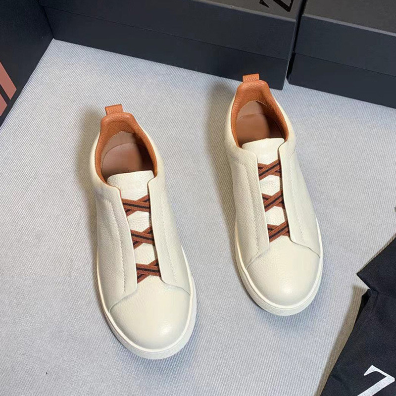 Mens Toe Layer Cowhide Slip-On Casual ของแท้หนังหรูหรา Deerskin รองเท้าผ้าใบ All-
