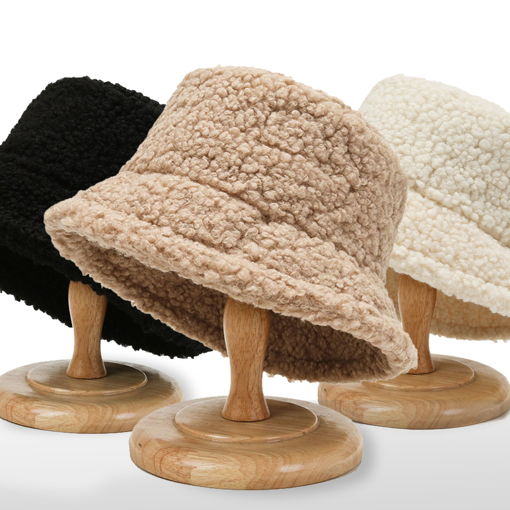 Lamb Faux Fur Bucket Hat Winter Warm Velvet Hats for Women L