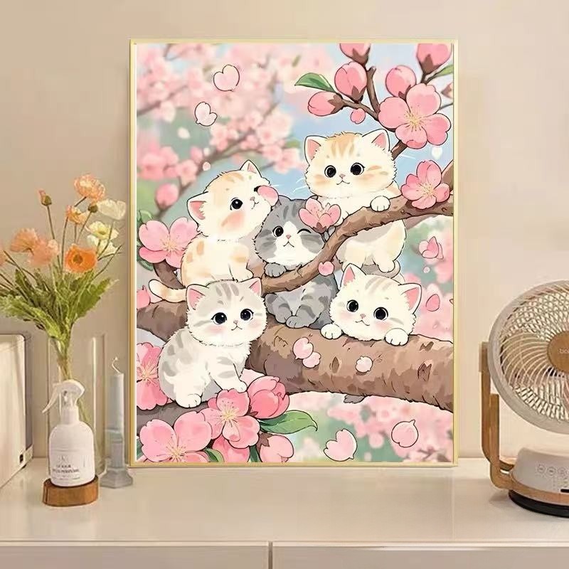 【70x50cm-11CT】ปักครอสติส 2025 แมวรูปแบบใหม่บนต้นไม้ความสุขน่ารักที่ทําด้วยมือด้ายเย็บปักถักร้อย