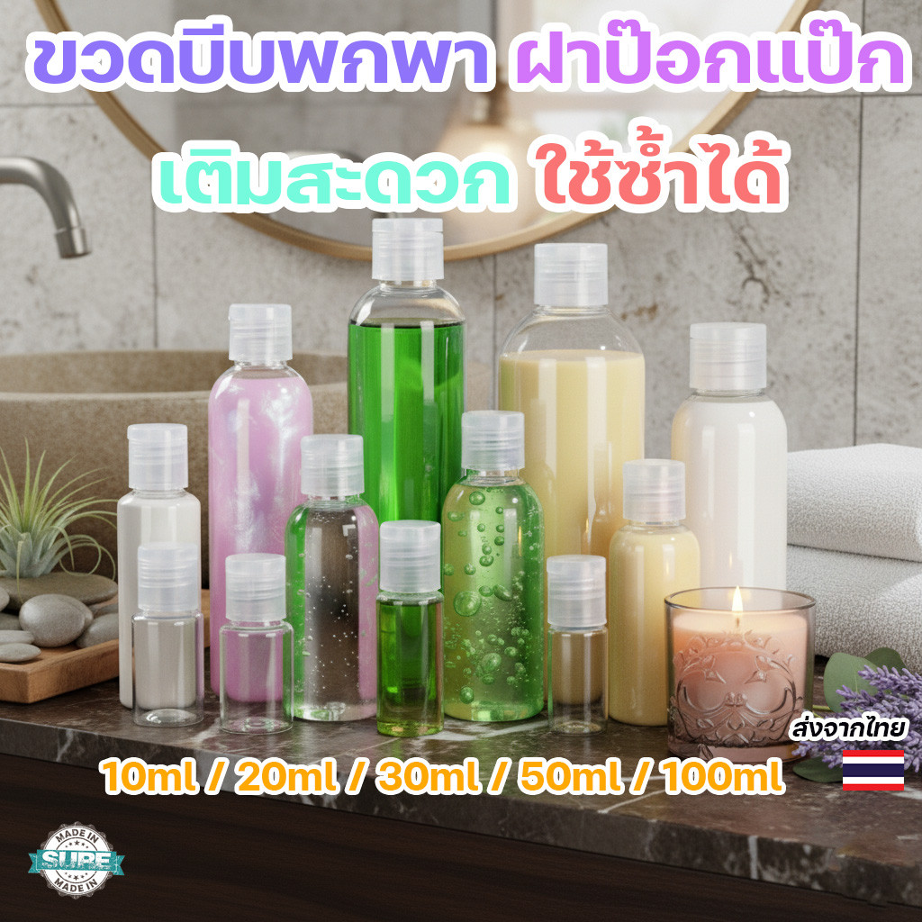 ขวดบีบใส่ของเหลว ฝาป๊อกแป๊ก ขนาด 10/20/30/50/100ml ขวดแบ่งครีม แชมพู พกพาได้ 1 ขวด
