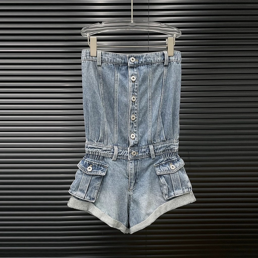 PGAR 2025New Summer Style Niche Design American Hot Girl Outfit Denim Fashion Retro Tube Top Jumpsui