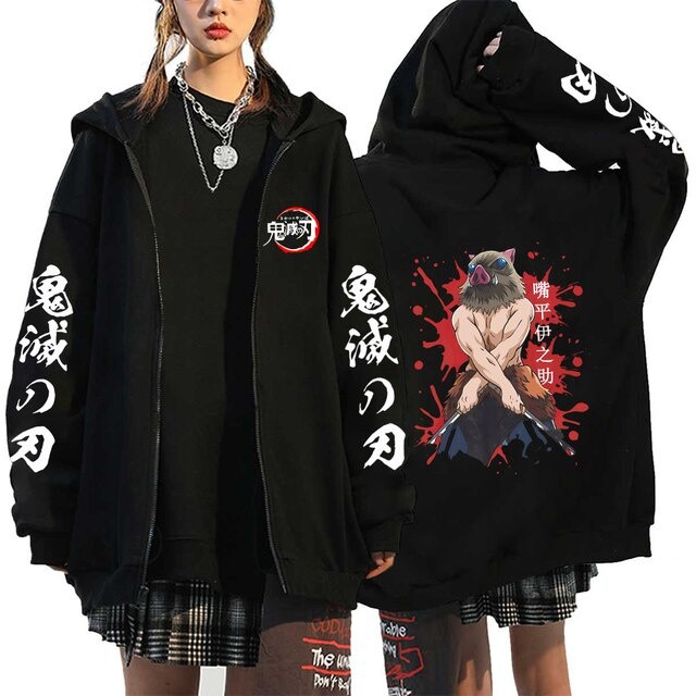 แฟชั่น Hiphop Demon Slayer เสื้ออะนิเมะซิป Hoodie Nezuko Tanjiro Zenitsu Inosuke เสื้อแขนยาว Hoodie