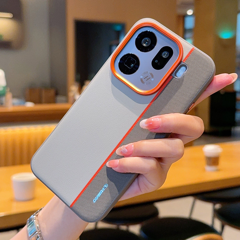 สําหรับ OPPO Find X9 Pro, X9 กรณี ELVEV Hard PC PU หนังเส้นใยรูปแบบ Anti-slip โลหะขอบฝาครอบโทรศัพท์