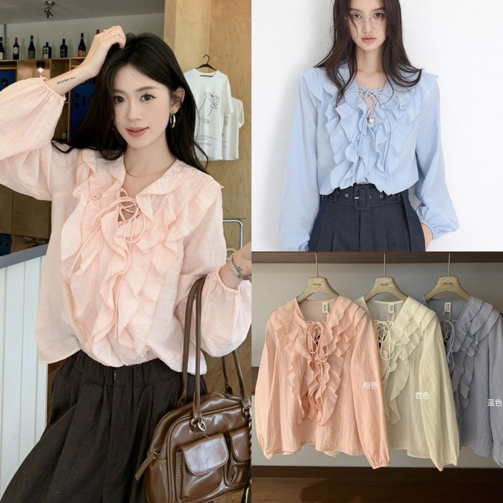 ❤ 🧵 🇰🇷 W7552 เสื้อแขนยาว  คอวี แต่งโบว์ช่วงอก และแต่งผ้าสามชั้น  ผ้าดีใส่สบาย สีสวย แฟชั่นเกาหลี TAG WG.WE 🧵🧡