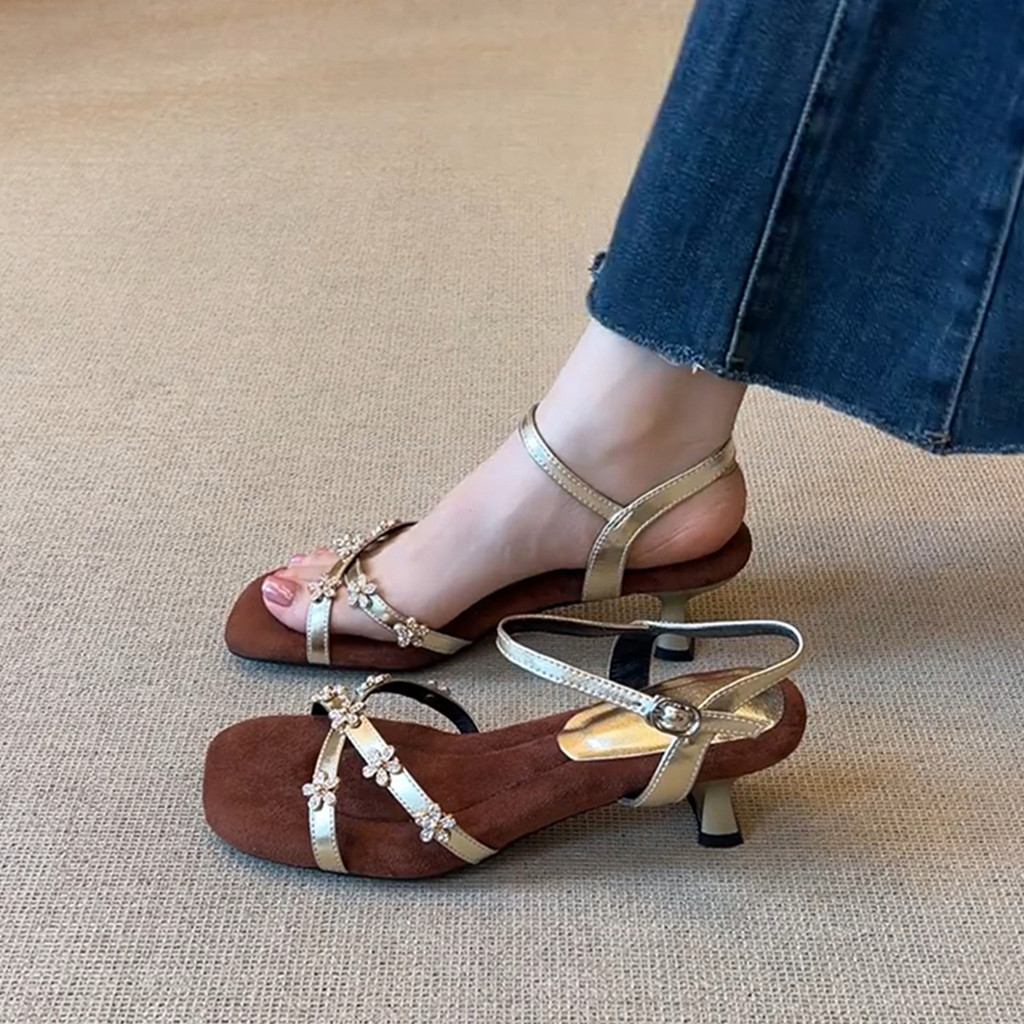 รองเท้า poise kyda รองเท้า เกาหลี ส้นสูง รองเท้าแตะหัวเหลี่ยมลายดอกไม้ Rhinestone สไตล์ฝรั่งเศสใส่ได