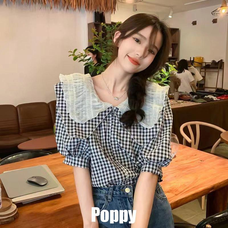 poppyเสื้อเชิ้ตคอตุ๊กตาลายสก็อตสไตล์ฝรั่งเศสฤดูร้อน เส้นใยโพลีเอสเตอร์ หลายสี#99119
