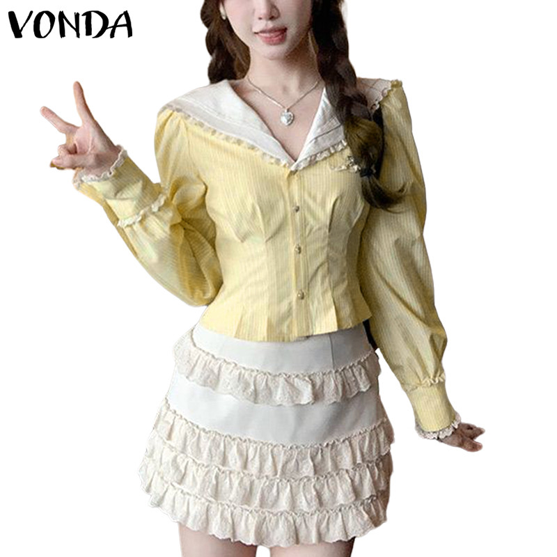 VONDA เสื้อผ้าสไตล์เกาหลี girly สำหรับผู้หญิง มีโบและคอน่ารัก