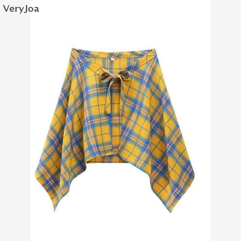 [มาก] Hip Hop ไม่สม่ําเสมอผู้ชายและผู้หญิงปลอมเสื้อ Hem กระโปรงลายสก๊อต Y2k Streetwear Harajuku Vint