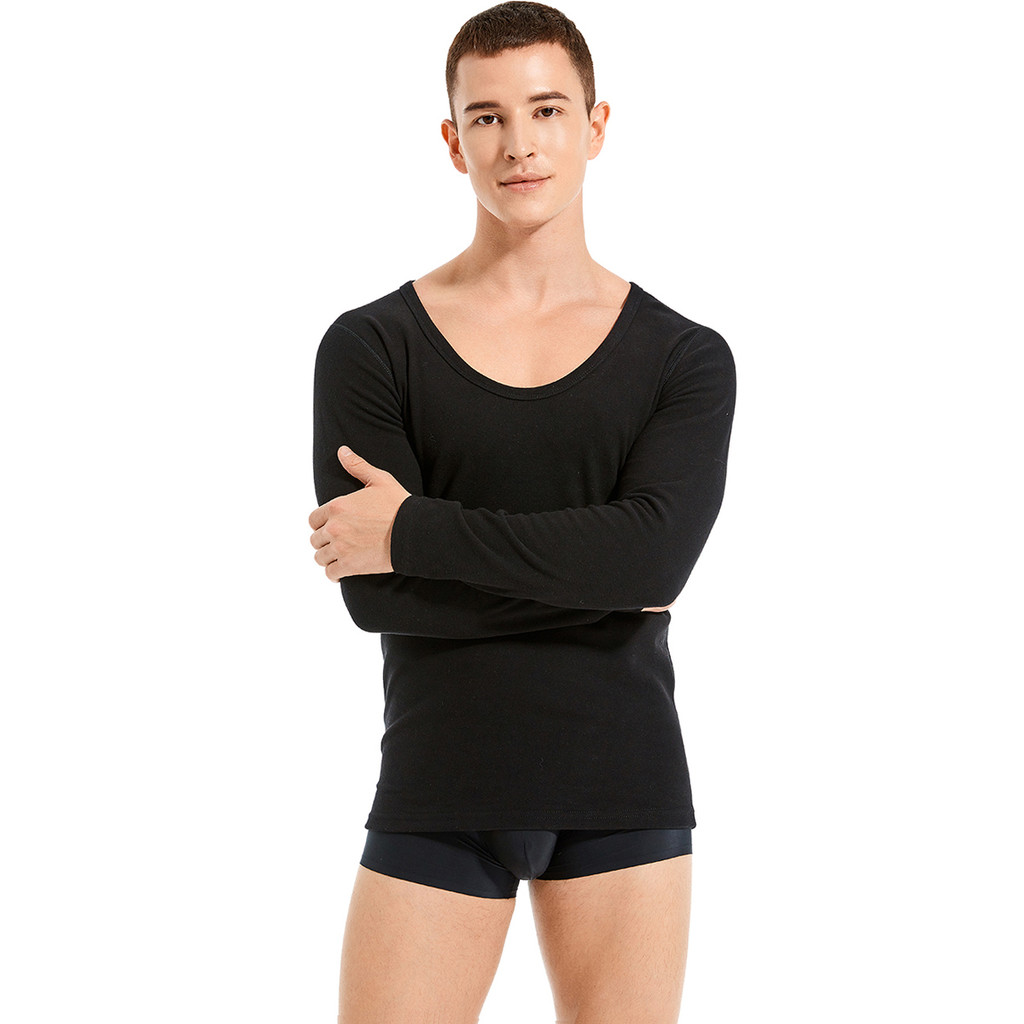 ลองจอน heattech uniqlo เด็ก [ร้านอายุ15ปี] ชุดชั้นในระบายความร้อนชายเดรซคอต่ำพิเศษเสื้อ bottoming คอ