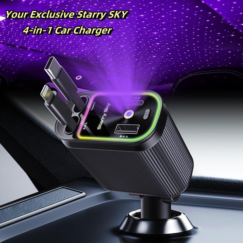 W&O 4-in-1 Retractable Car Charger - Fast Charging, Star Projector, Starlight Headliner, Lightning/T
