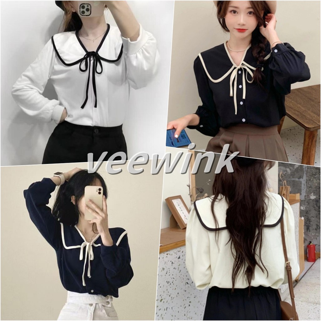 Veewink เสื้อเชิ้ตแขนยาว คอbaby สีดำ สไตล์เกาหลี ใหม่ ทรงหลวม กระชับเอว