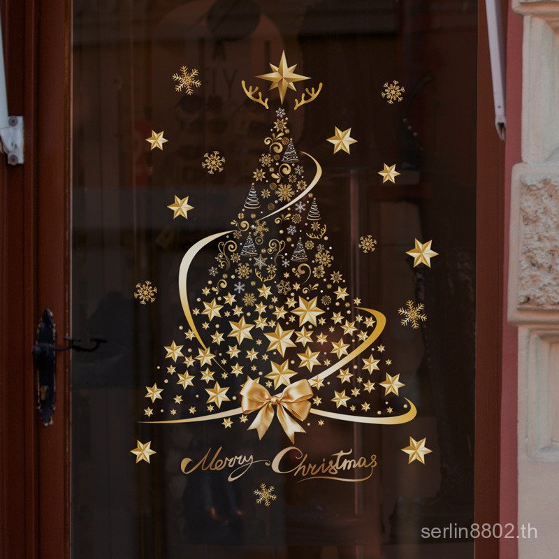 สติกเกอร์ต้นคริสต์มาสและดาวทอง สำหรับตกแต่งหน้าต่างหรือภายในห้างสรรพสินค้าในวันหยุด SDJ-34177 FCOV