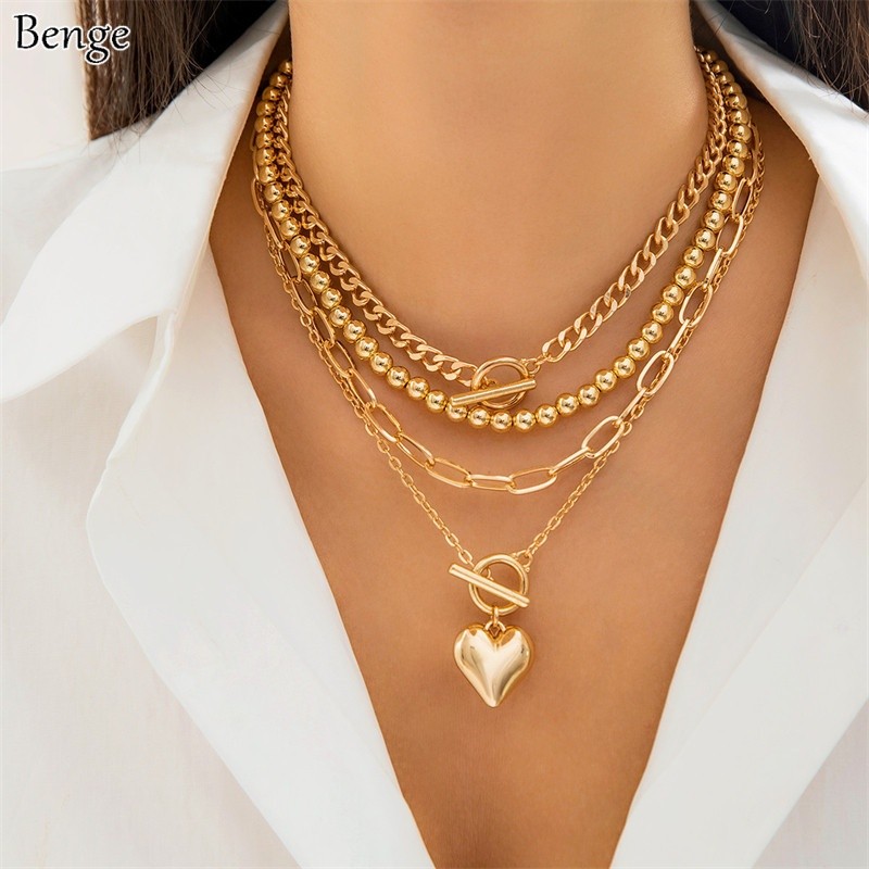 Benge Heart OT Clasp สร้อยคอลูกปัด 4 ชิ้นชุดสําหรับผู้หญิง Y2K ความงาม Dainty Layered Minimalist เคร