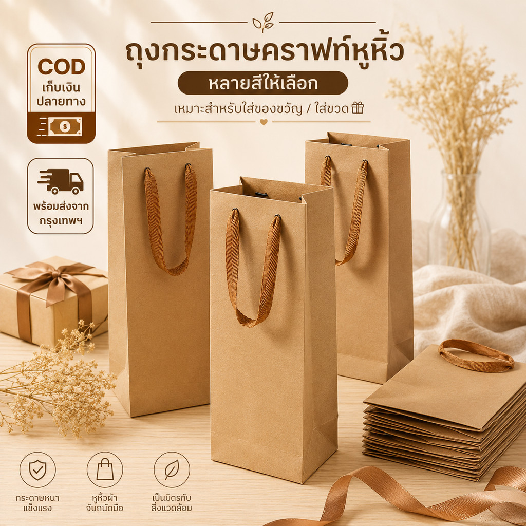ถุงกระดาษใส่ขวดไวน์ ถุงคราฟท์พรีเมียม 750ml หูหิ้วแข็งแรง ถุงของขวัญหรู งานปาร์ตี้ งานแต่ง พร้อมส่ง COD