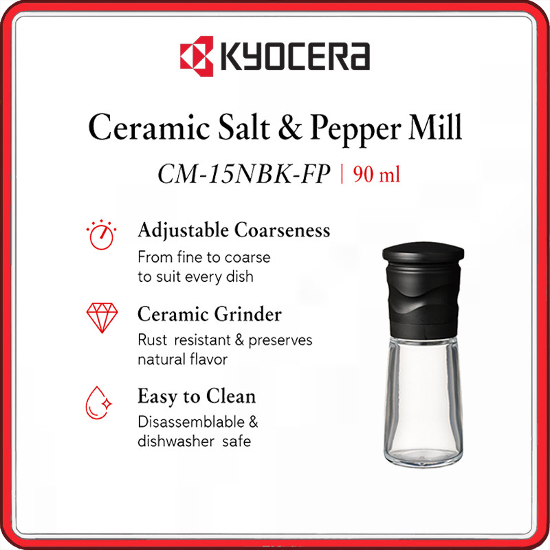 Kyocera Ceramic Salt & Pepper Mill 90ml, Adjustable Grinder for Rock Salt, Sea Salt, Pepper, Spices 