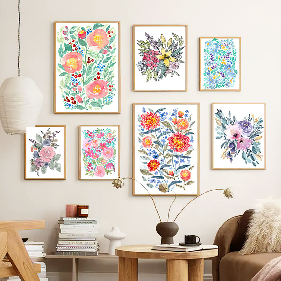 บทคัดย่อ FloweColorful รูปแบบ Watercolor รูปแบบ Art Wall Art ภาพวาดผ้าใบ Nordic โปสเตอร์ห้องนั่งเล่น
