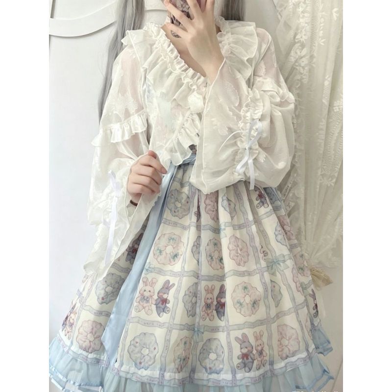 ((เฉพาะผ้าคลุมไหล่ด้านนอก) lolita lolita คาร์ดิแกนสั้นพร้อมกระโปรงแขวน All-Match Bow Shawl Blouse/ko