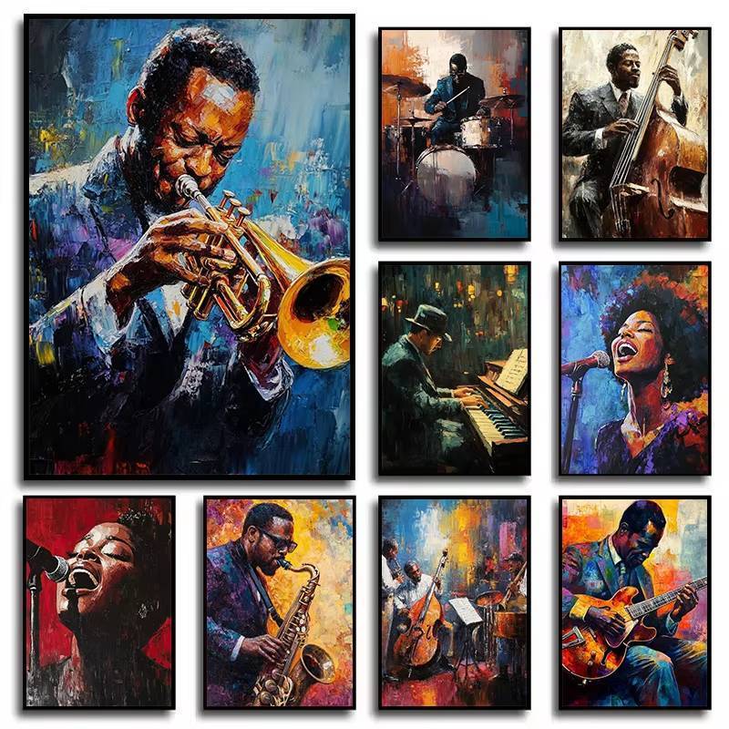 Abstract Black Jazz Band Musicians Canvas Poster Musical Wall Art Bar Cafe Home Decoration