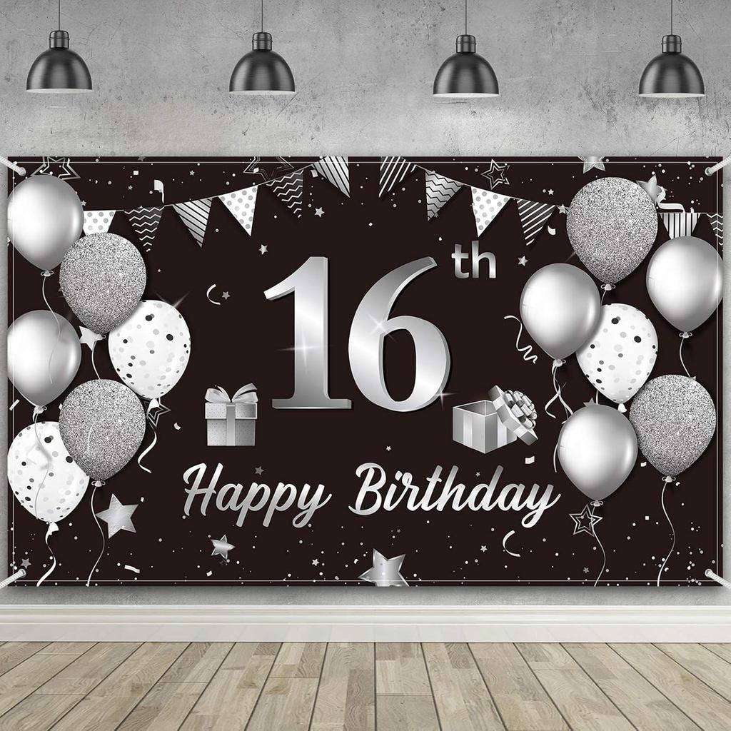 Blulu Happy 16th Birthday ฉากหลังแบนเนอร์ผ้าขนาดใหญ่พิเศษเงิน 16th ป้ายวันเกิดโปสเตอร์การถ่ายภาพพื้น