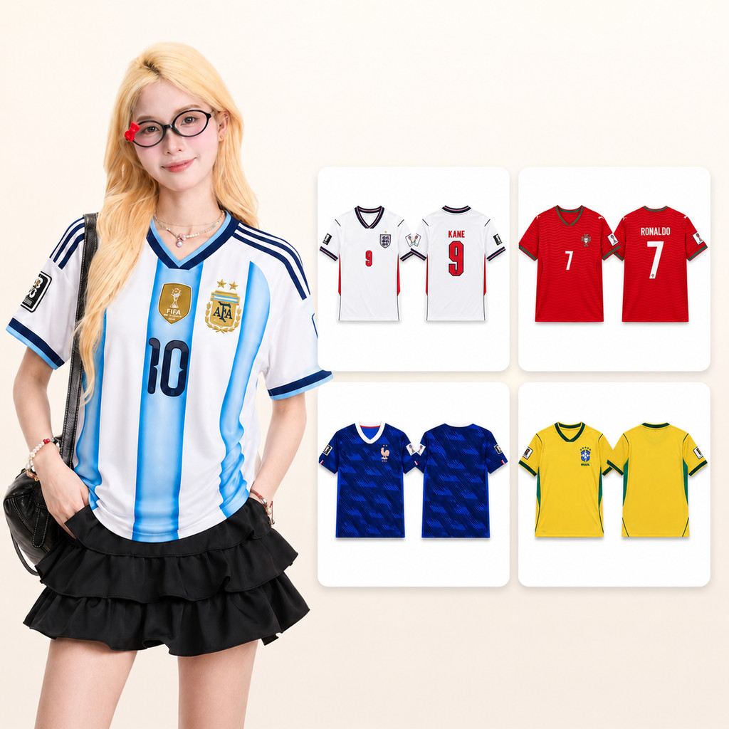 เสื้อฟุตบอลผู้หญิงอาร์เจนตินา คอวี ทรงโอเวอร์ไซซ์ ลายฟ้าขาว สไตล์ทีมชาติ