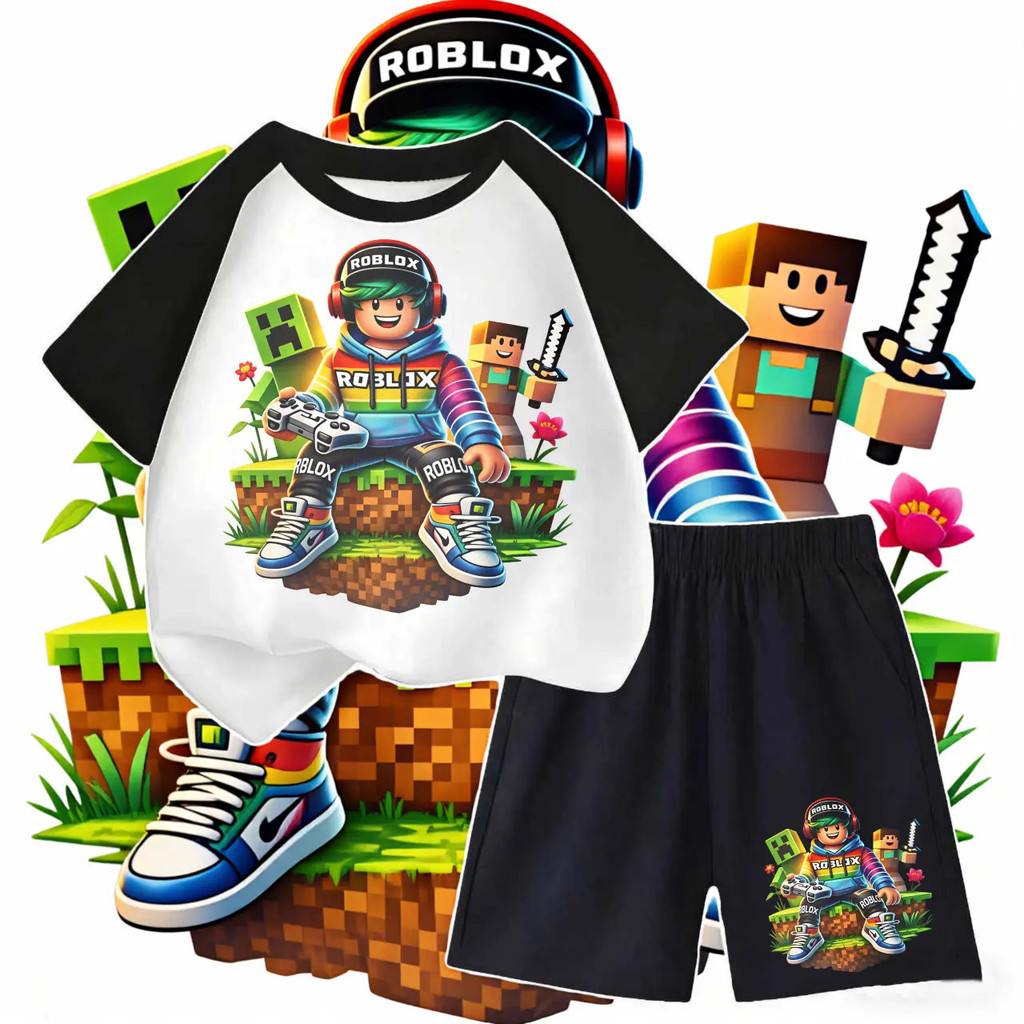 ชุดเซ็ตเด็กผู้ชาย 2 ชิ้น เสื้อยืด+กางเกงขาสั้น ลายเกม Roblox Minecraft ตัวการ์ตูนเด็กเล่นเกม ผ้าฝ้ายนุ่มระบ