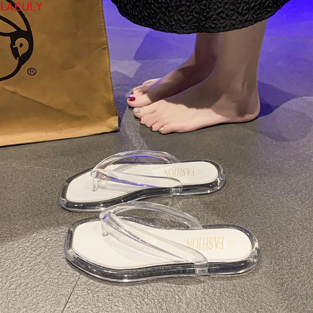 LAEULY Flip Flops รองเท้าแตะ,โปร่งใส PVC Flats รองเท้า, Soft Beachwear ฤดูร้อน Anti Slip Platform Fl