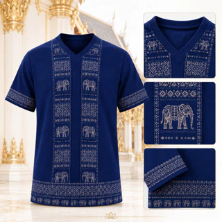 เสื้อพื้นเมืองไทยคู่ชายหญิง สีกรมท่า ลายช้างไทย เสื้อชาติพันธุ์คอวีแขนสั้น ผ้านุ่มใส่สบาย แฟชั่นไทยประยุกต์ ใส่เที่ยววัด
