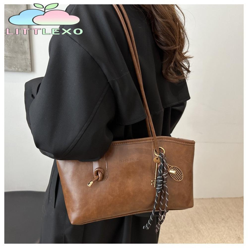 LITTLEX กระเป๋าสะพายข้าง, PU หนังสีทึบกระเป๋าสะพายทํางาน, Y2K Trend ความจุขนาดใหญ่ Simple Tote กระเป๋าผู้หญิงหญิง