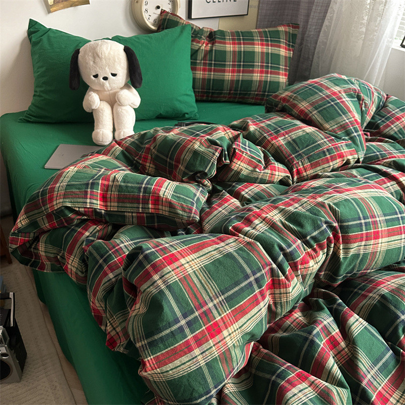 All-cotton washed cotton duvet cover, single piece, vintage Scottish medieval style checkered duvet 