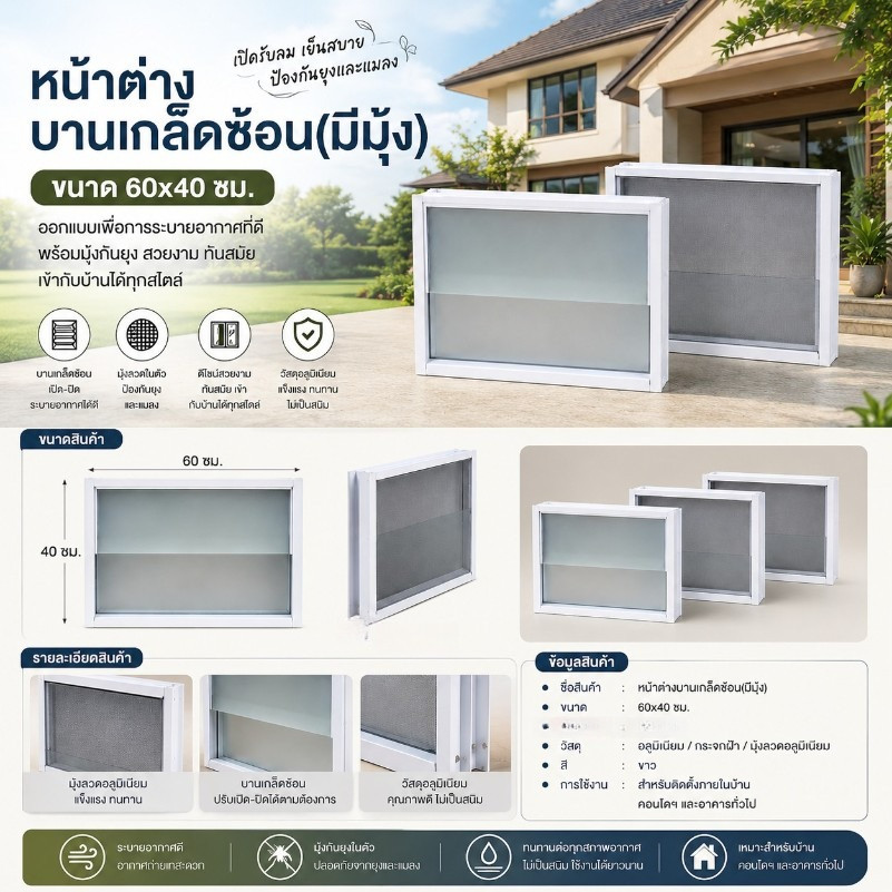 หน้าต่างบานเกล็ดซ้อน ขนาด 60x40 ซม. หน้าต่างระบายอากาศสำเร็จรูป (มีมุ้ง) พร้อมส่ง