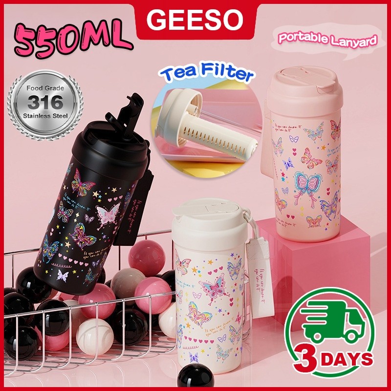 GEESO กระติกน้ําร้อนสแตนเลสน่ารักผีเสื้อแก้วกาแฟพร้อมที่กรองชาสแตนเลสสาวกระติกน้ําร้อนถ้วยกระติกน้ํา
