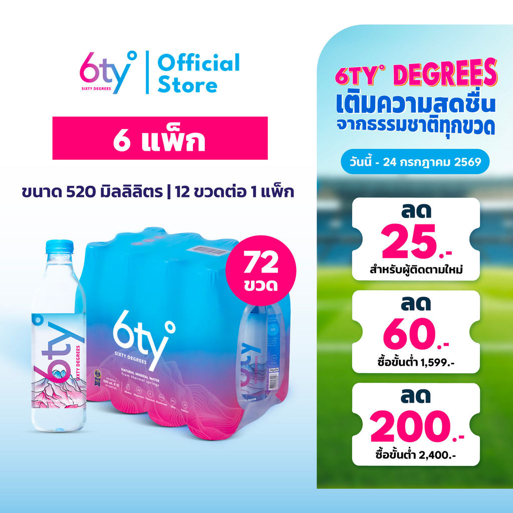 [ส่งฟรี] 520ml 15 แพ็ก 180 ขวด นํ้าแร่ 6ty Degrees Mineral Water น้ำแร่ธรรมชาติ 100% จากแหล่งน้ำแร่เชียงดาว