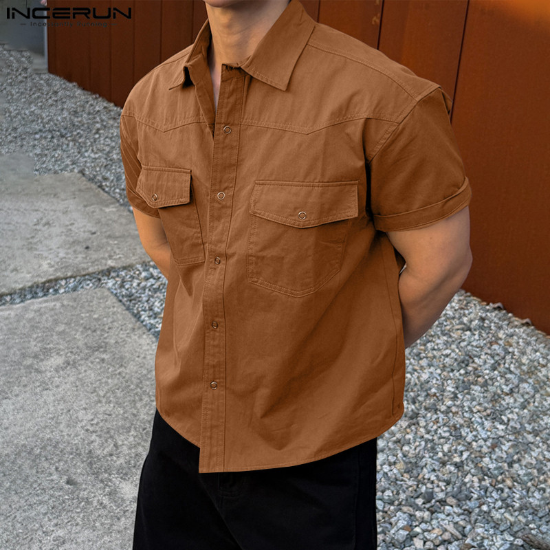 INCERUN ผู้ชายชุดทํางานวินเทจเกาหลี Turn-Down-Collar แขนสั้น Single-Breasted Retro เสื้อลําลอง