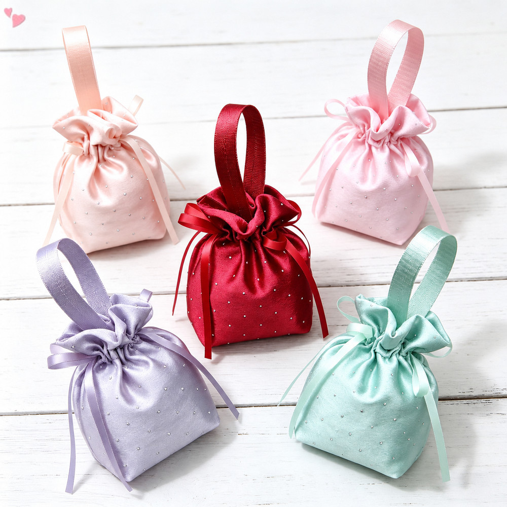 Sparkly Rhinestone ซาติน Drawstring ถุงของขวัญพร้อมที่จับ Mini งานแต่งงาน Candy Favor กระเป๋าเจ้าสาววันเกิดเครื่องประดับบรรจุภัณฑ์