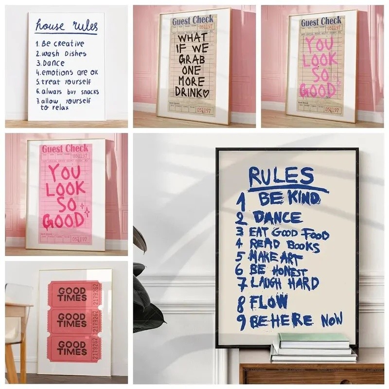 Retro Modern Rules Quote อินเทรนด์ Guest Check Good Times Wall Art ภาพวาดผ้าใบโปสเตอร์สําหรับห้องนั่
