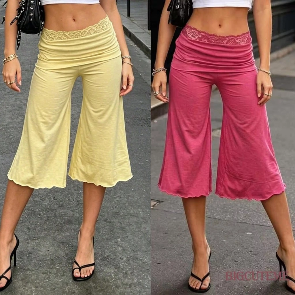 กางเกงคาปรีผู้หญิงแบบพับขึ้น สีพื้น เอวต่ำ ขาบาน แต่งลูกไม้ ชายจับจีบ สไตล์วินเทจ ใส่ลำลอง สำหรับออกกำลังกายและเล่นโยคะ capri กางเกง